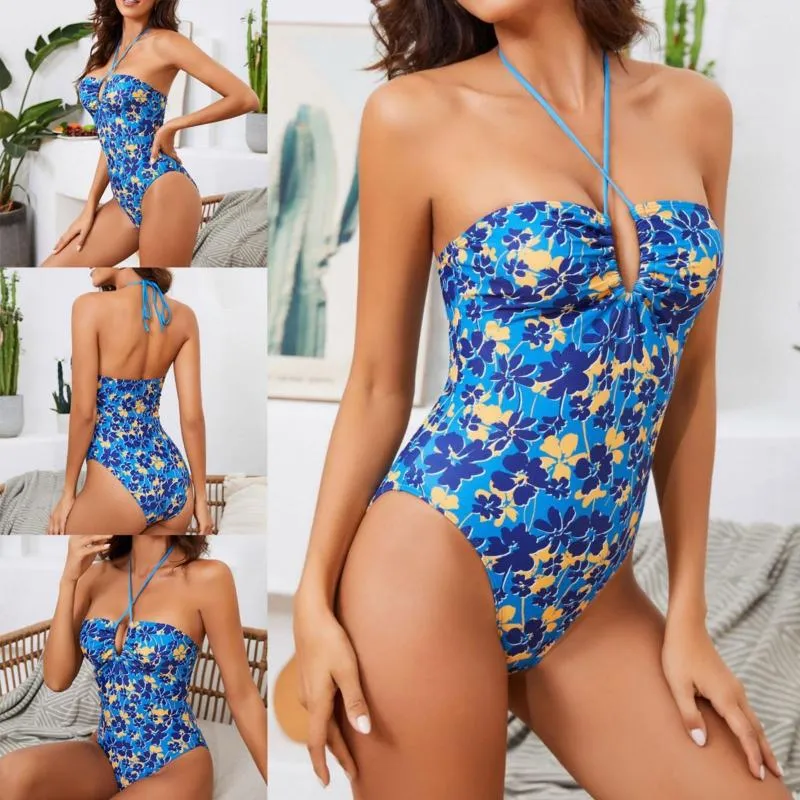 Maillots de bain pour femmes été dames combinaisons maillot de bain triangle imprimé bleu dos nu plage Monokini string Biquinis vêtements de plage Hawaii Bandage