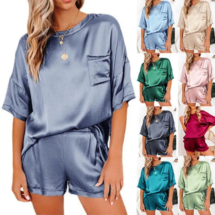 Tils de pista feminino 2023 Terno de cor sólida Chiffon Sleepwear calças de camiseta curta de mangas curtas