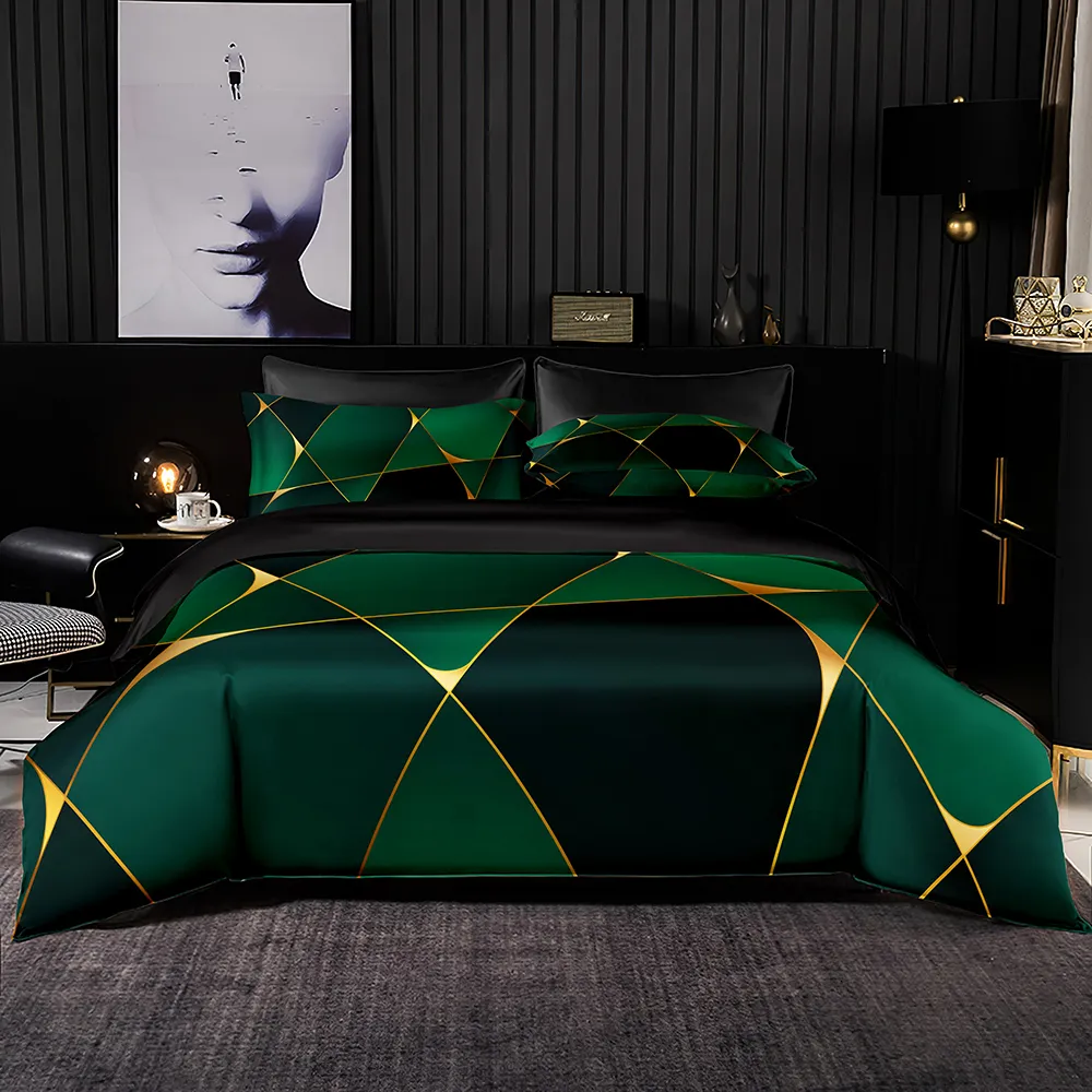 寝具セットは慎重に作られた寝具のノルディックスタイルを羽毛布団カバー枕カバーキングとクイーンのフルサイズの家のテキスタイルに適したグリーンゴールドエッジ230524