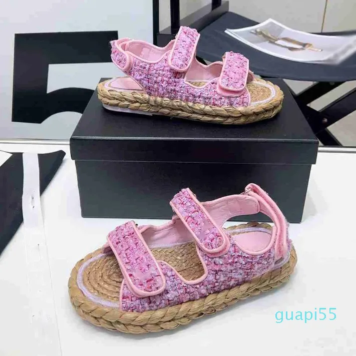 Designer Women Sandals Crystal Calf Leather Mules Dad Sandals Canvas Women Slides Platform Beach Slipper Straw Sandals