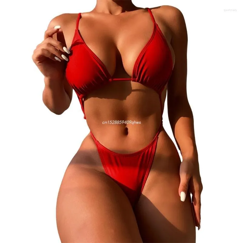 Women's Swimwear 2023 Women V Neck Bikinis Spaghetti Straps Sexy Hollow Small Chest Beachwear Drop