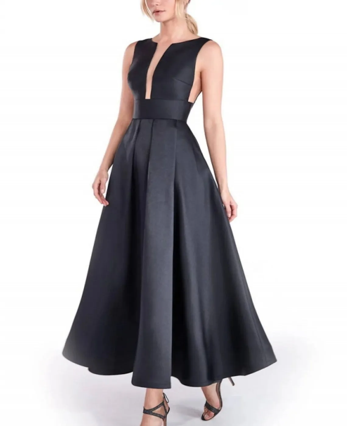 Robe Cocktail Noire Sans Manches - Style Crayon, Tissu Satin - Marque Roman, Taille 16 - Occasion Très Bon état