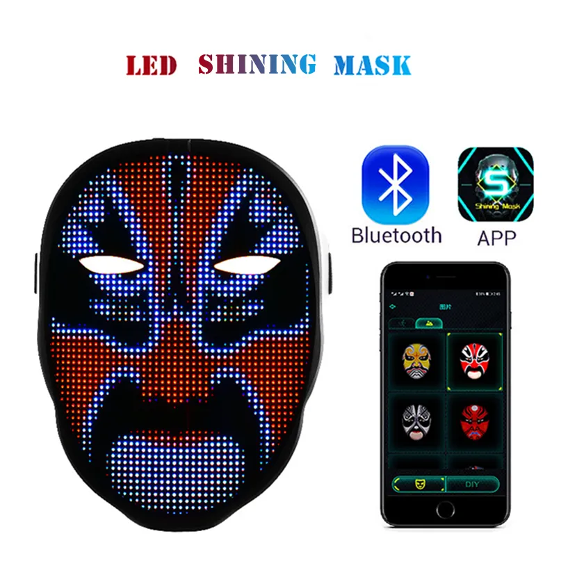 LED -mask med Bluetooth -programmerbar app, lysande LED -lysande ansiktsmask för vuxna barn Halloween Masquerade Party DJ Party Christmas