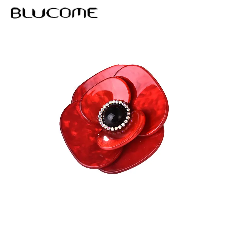 Blucome Acryl Rote Blume Broschen Corsage Kristall Schwarze Perlen Brosche Hijab Pins Gold Farbe Kragen Clip Frauen Männer Geschenke