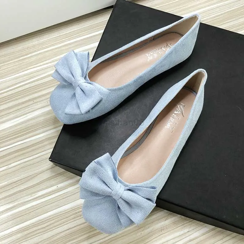 Dress Shoes Women Flats Boat Sky Blue Round Head Bowknot Size 33-43 Flat for Female Velvet Leather High Quality Summer Y23