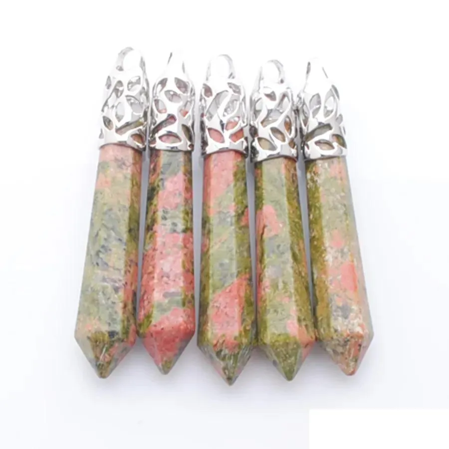 Collares pendientes Natural Unakite Jaspers Gem Stone Long Wand Point Pendum Hexagon Healing Chakra Reiki N3001 Drop Delivery Jewelry P Dh0Lo