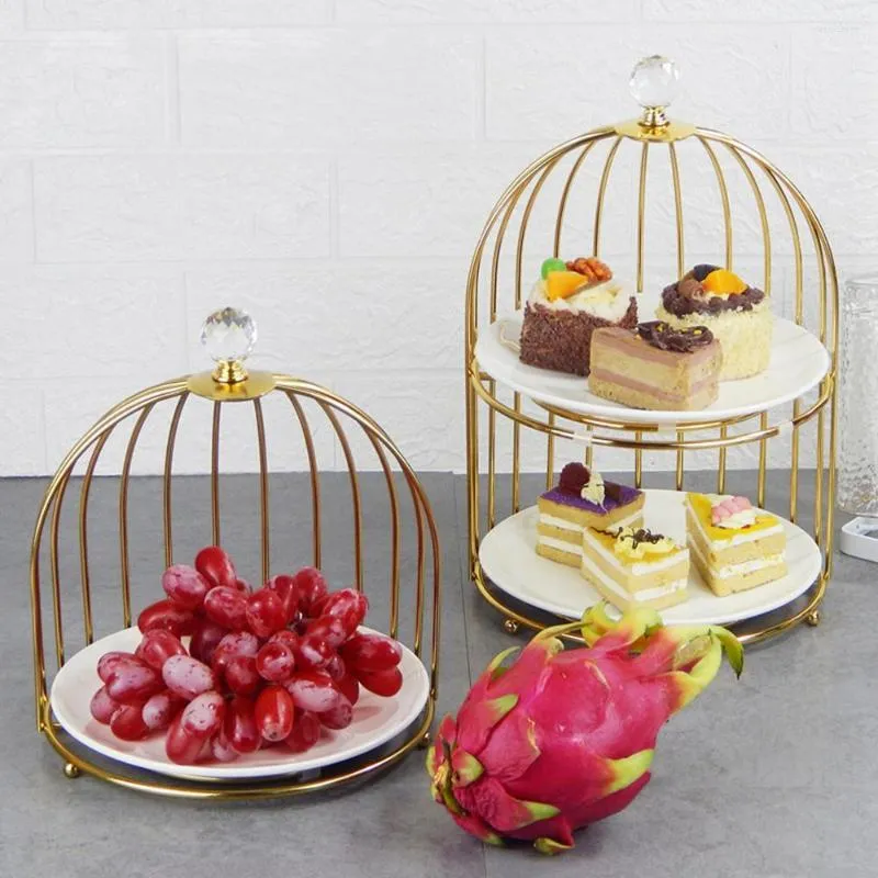 Tallrikar fruktdessertplatta kaka järnhylla fågelburdesign för födelsedagsbröllopshändelse fest