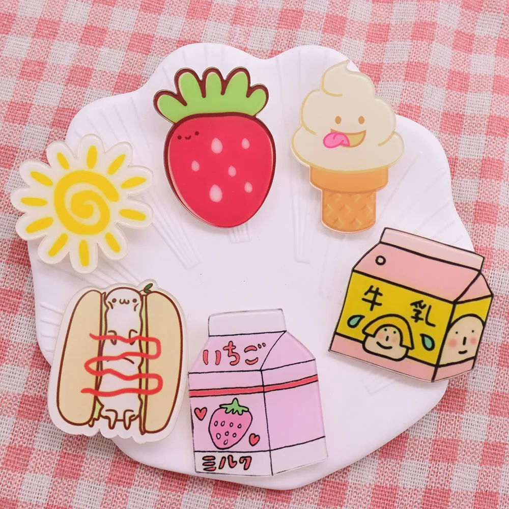 1st Strawberry Milk Sun Hot Dog Acrylic Brosch God kvalitetsstift ryggsäck Kläddekor Badges Party Birthday Present Present