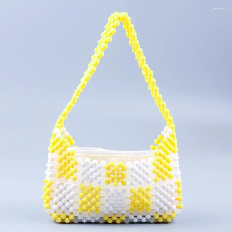 Evening Bags Winter Yellow White Plaid Acrylic Beaded Bag Handmade Contrast Color Armpit For Women 2023 High Quality Shoulder