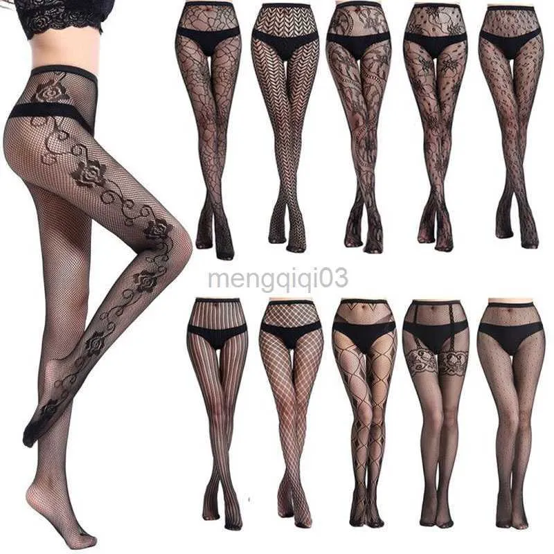 Socks Hosiery Hot Women Sexy Lingerie Stockings Garter Belt Fishnet Tights Transparent Pantyhose Thigh High Stripe Elasti Embroidery Stockings Y23