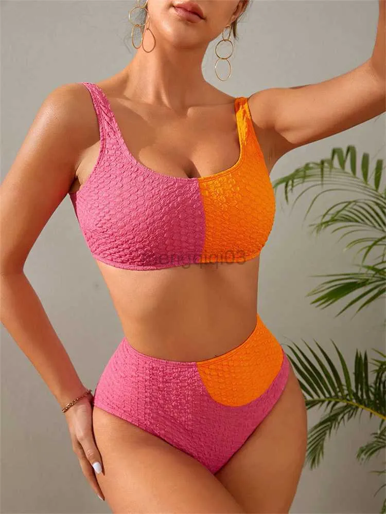 Traje de baño de mujer Ajuste en contraste Bikini deportivo Cintura alta Traje de baño 2023 Patchwork naranja Push Up Traje de baño para mujer Ropa de baño Ropa de playa Traje de baño Y23