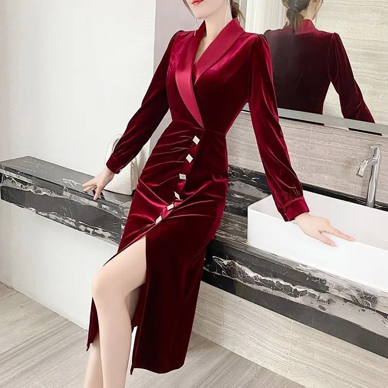 Vestidos casuais outono inverno slit slit elegante pleuche office whomies fadies chique shinestone button festa para mulheres vestido de manga longa slim