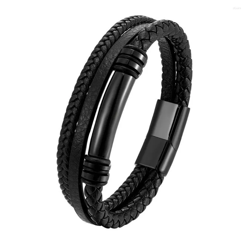 Charm Bracelets Men Braided Real Leather Magnetic Closure Bracelet Stainless Steel Bangle For Male Men's Vintage Jewelry