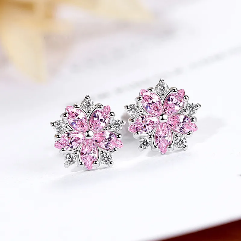 Mode Rose Brillant Fleur De Cerisier Zircon Boucles D'oreilles Femmes Classique Cristal En Argent Sterling Boucles D'oreilles Doux Déclaration Boucles D'oreilles Vintage Bijoux