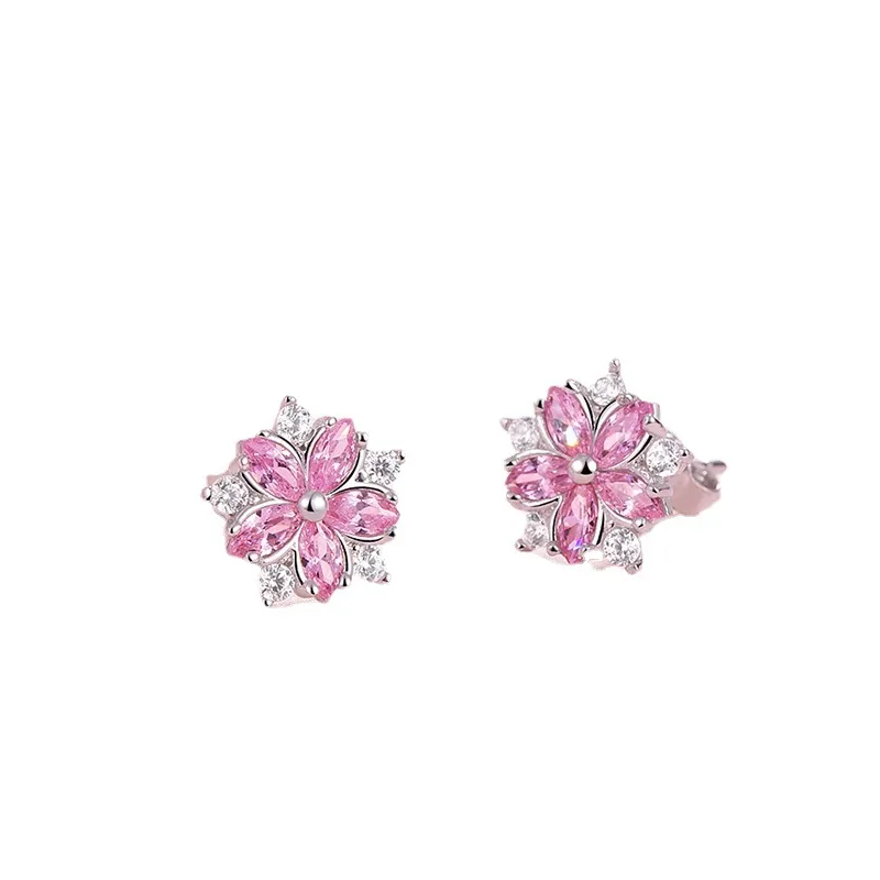 Sweet Statement Pink Cherry Blossom Stud Earrings With Sparkling Zircons - Women's Sterling Silver Jewelry_voghion.com
