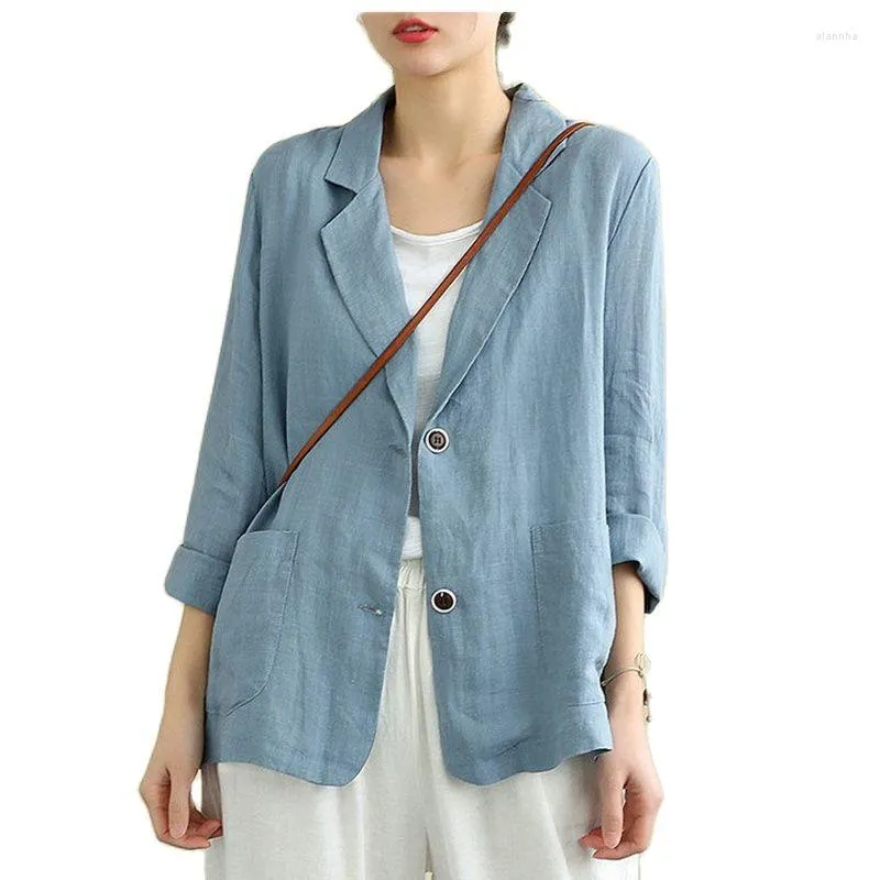 Damespakken 2023 Zomer katoenen linnen dames blazer retro dunne twee knoppen mode casual losse mouw vast blauw zwart geel