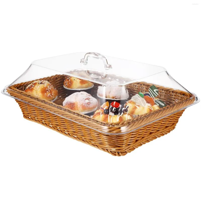 Imitation Rattan Bread Basket With Lid Woven Tabletop Picnic Plates Set
