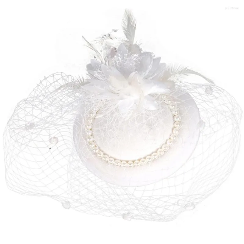 Bandanas Bride Veils Wedding Mesh Pearl Hat Kvinnor Hårtillbehör Tea Party Headpiece 28x25cm Bankett Huvudkläder Vit tygdekor Miss