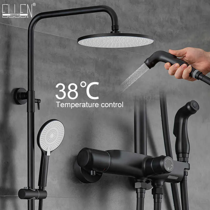 Bathroom Shower Sets EllenThermostatic Shower Faucets Set Black Wall Mounted Rain Shower Faucet With Bdet Spray Bath Mixer Tap Hot Cold EL9407 G230525