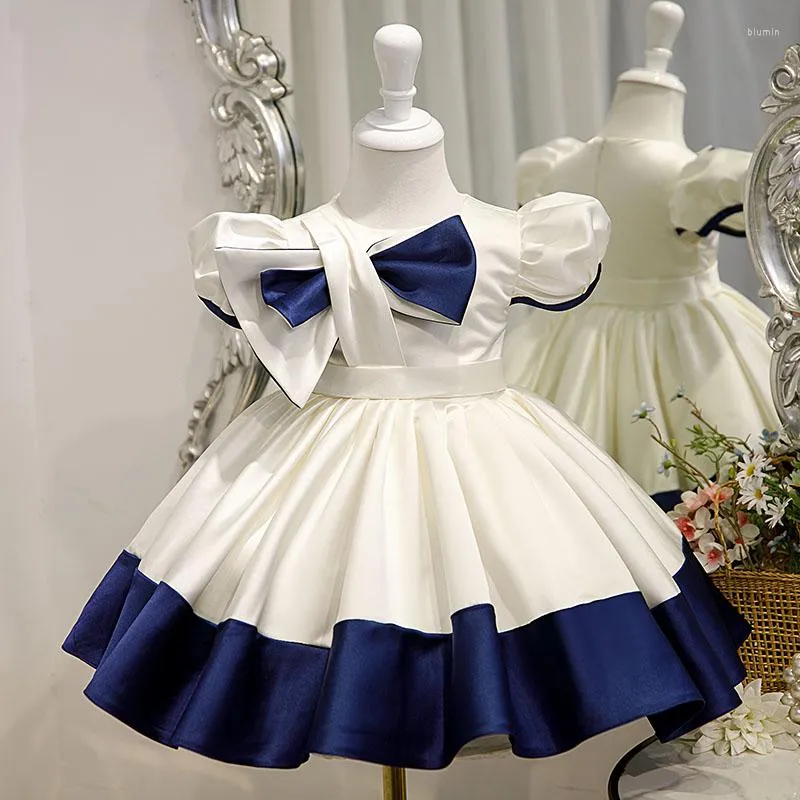 Girl Dresses Kids Simple Birthday Party Dress Bow Satin Flower Knee-Length Formal Prom Gown Performance Wear For 2-10 Years Old