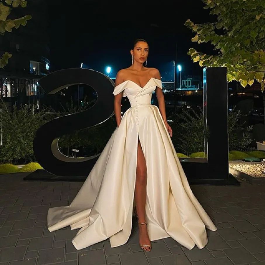 A-Line Prom Dress 2023 Spring Satin Off The Shoulder V Neck High Slit Long Evening Gown Formal Elegant Vestidos de Gala