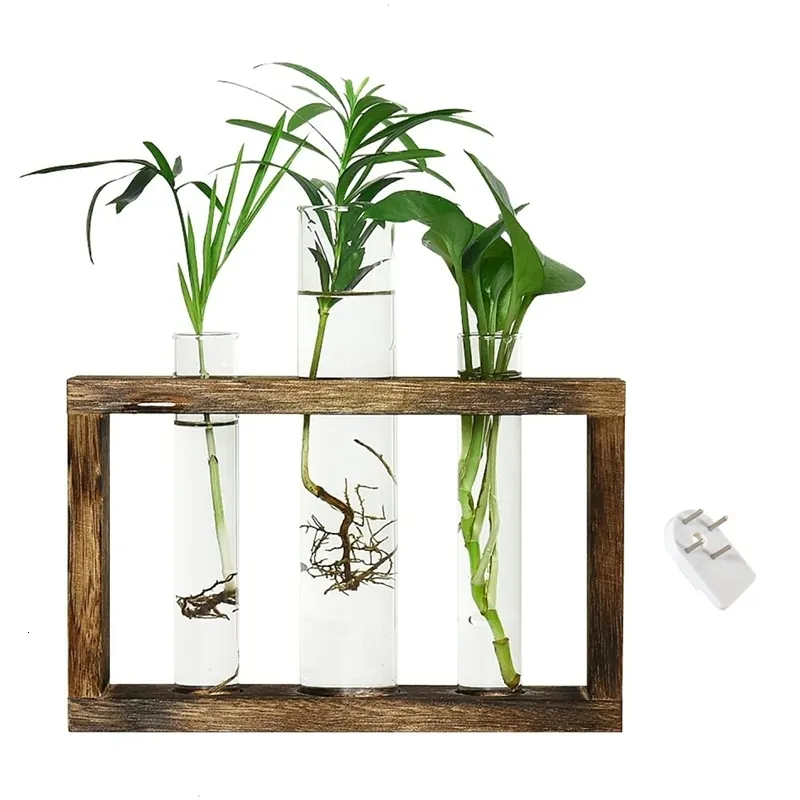 Vases Plant Propagation Stations Wall Hanging Plant Terrariums Tabletop Glass Wooden Stand With 3 Propagation Tubes 230525