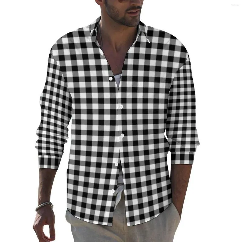 Men's Casual Shirts Retro Checkerboard Man White And Black Check Shirt Long Sleeve Vintage Stylish Blouses Autumn Graphic Clothing 4XL