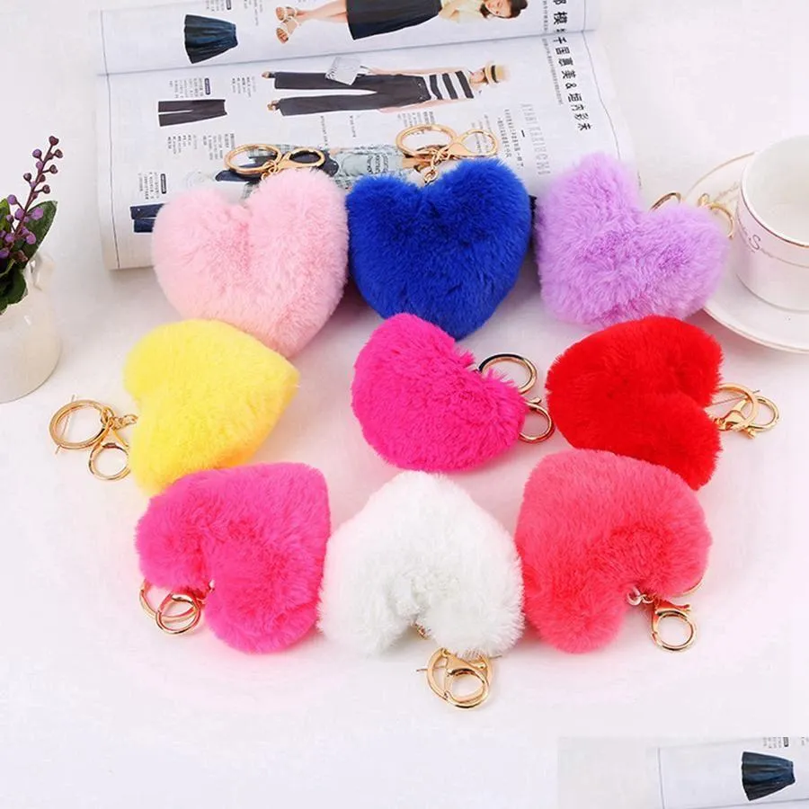 Keychains Lanyards Heart Ball Pom Keychain Fluffy Faux Rabbit Fur Pompom Key Chains Women Bag Pendant Jewelry Party Gift Drop Deli Dh8Oe