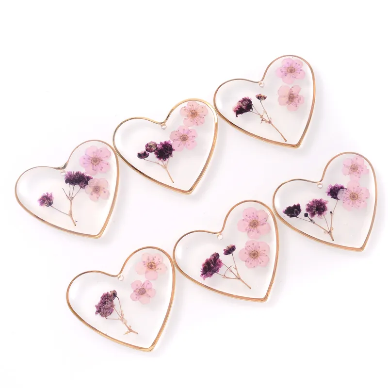 2pcs/pacote clássico em forma de coração pingente de flores secas charme pingente de flores secas para jóias DIY Brios de colar