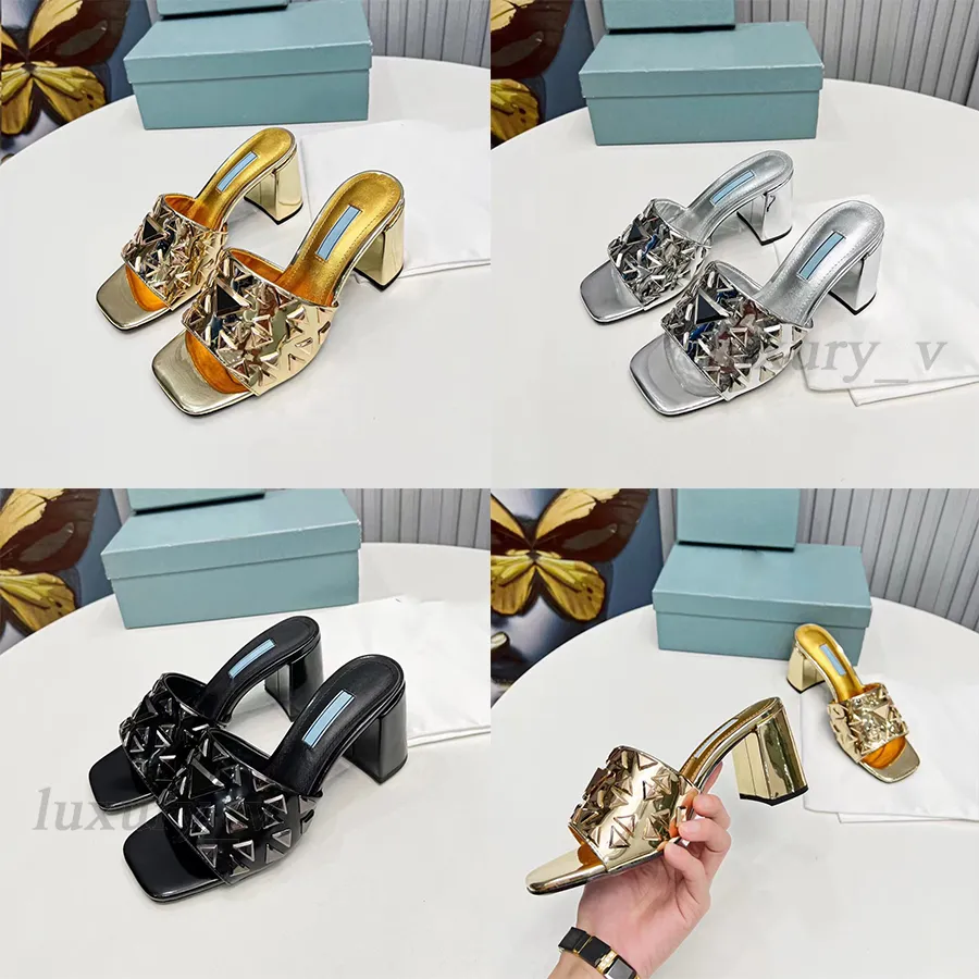 Projektowne kapcie Kobiety Chunky High Heels kwadratowe palce pleksiglasowe sandały pvc letnie szkiełka skórzana podeszwa wewnątrz metalowych mieszkań