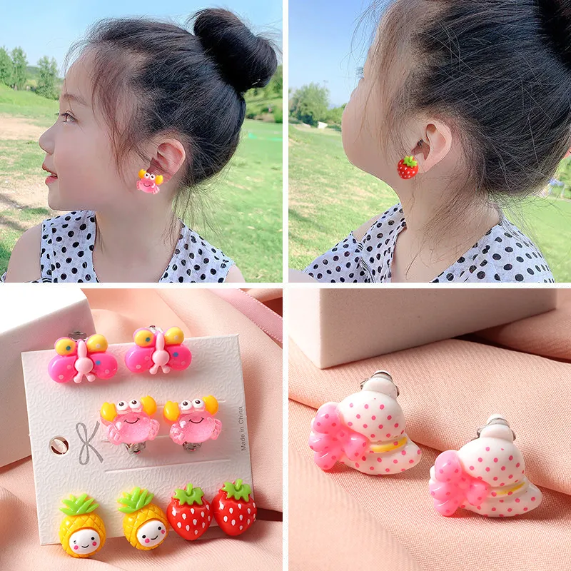 Nieuwe tekenfilms Ear Clip Sweet Acryl Stud -oorbellen Crab Fruit Girls Leuke Ooor Koreaanse Kawaii Earring Sieraden