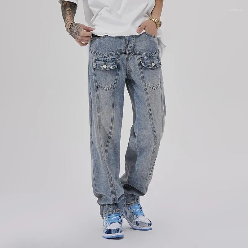 Męskie jeansy amerykańskie Ins główna ulica oprzyrządowanie męskie luźne proste rurki spodnie tatusia modna marka Retro uczucie kropli