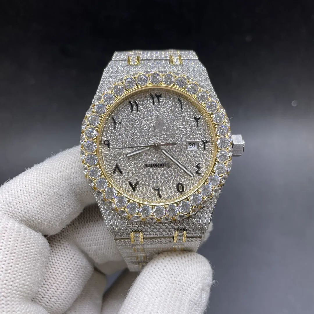 Iced Out 2tone Yellow Gold Case 42mm Cz Diamonds Big Bezel Diamond Face Automatic 2813 Men Shiny Watch