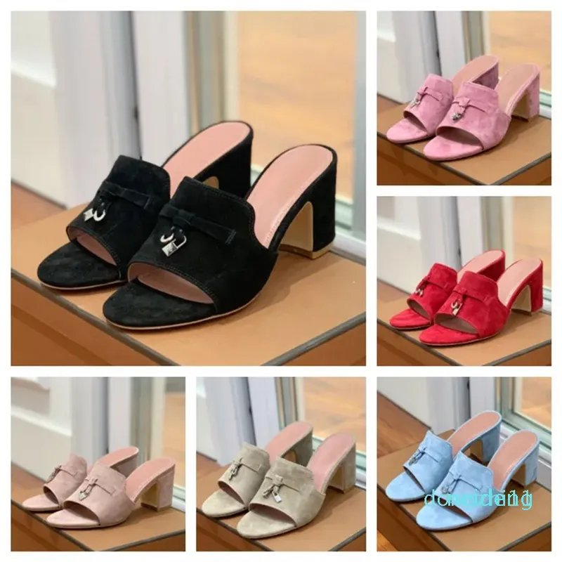 Designer -Summer Charms suede Mules Slippers Slides chunky block heels women's Luxury Designers bottom outsole Casual Party shoes heel footwear