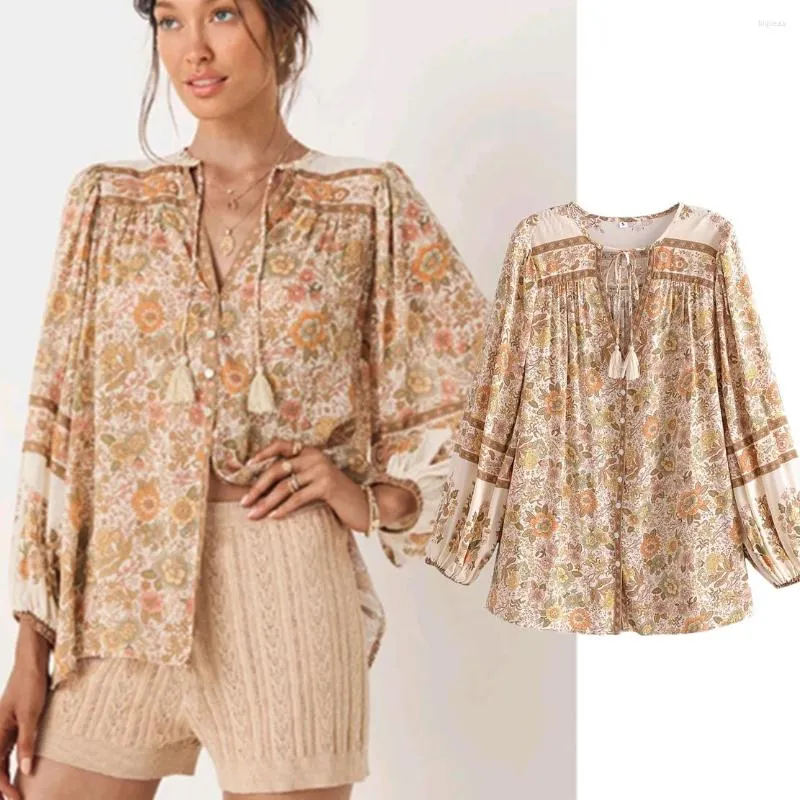 Kvinnors blusar Elmsk Bohemian Style med tryckt bomullstassar Blus Vintage Floral Casual Shirt Women Tops