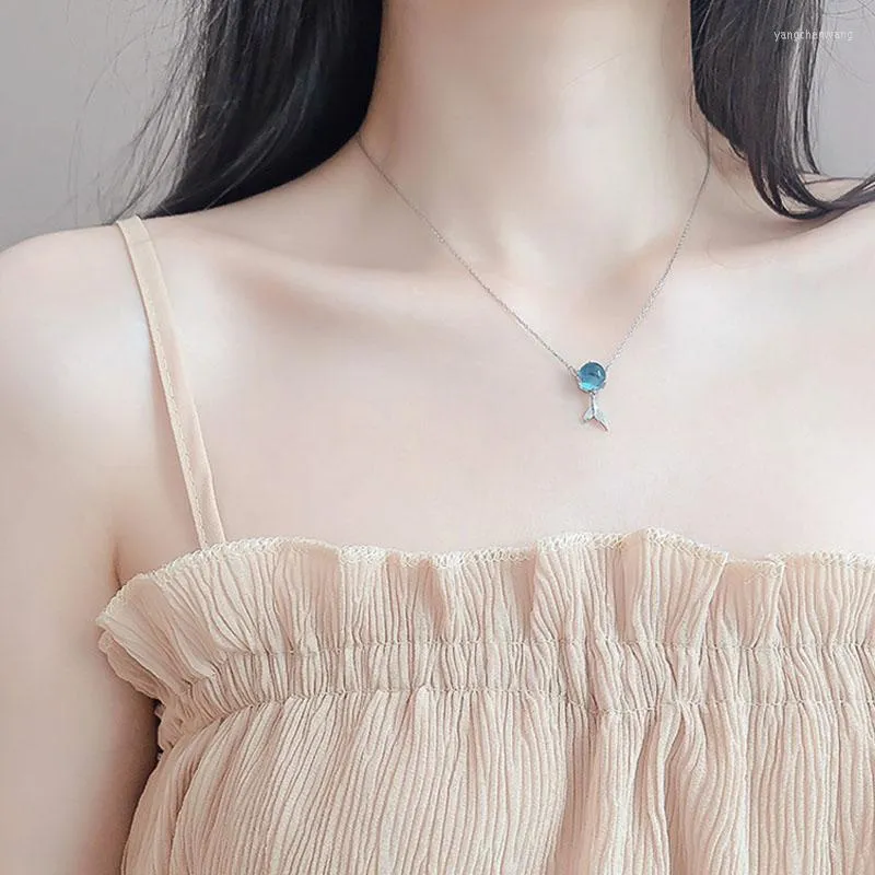 Chaînes queue de poisson sirène couleur argent bleu cristal clavicule chaîne collier pour femmes délicat mignon coréen bijoux cadeaux SN2362