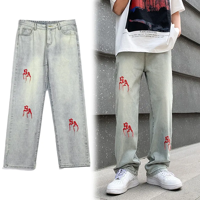 Мужские джинсы Deeptown Y2K вышитые прямые джинсы мужчины Retro Red Letter Loose Denim брю. Повседневные брюки хип