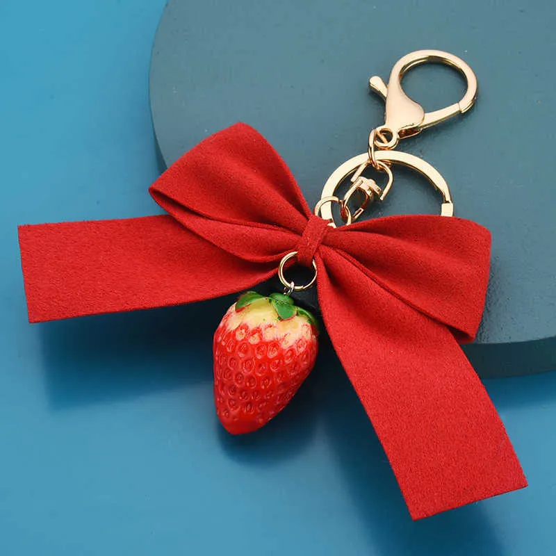 Keychains Red Ribbon Women's Jewelry Simulation Fruit Cute Car Keyholder Keychain Best Friend G230525