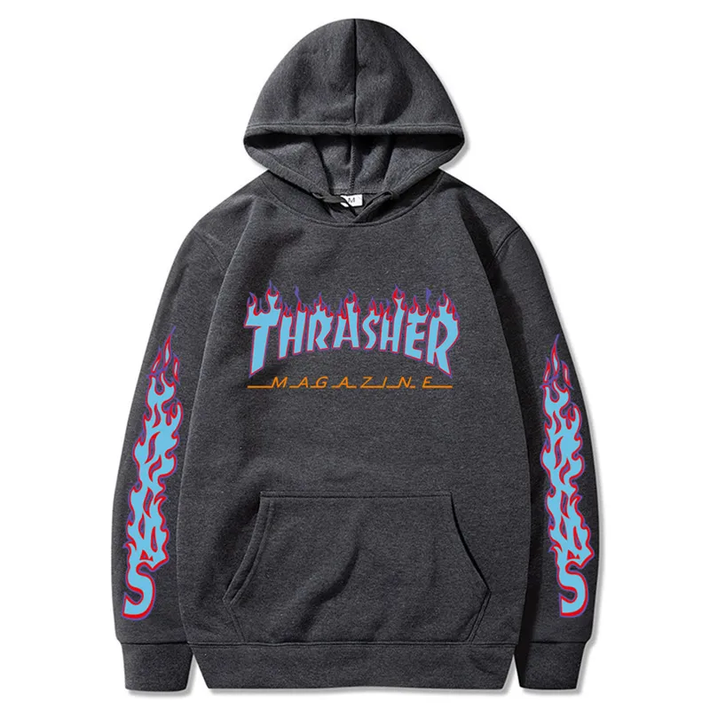 Black thrasher hoodie with blue flames hot sale