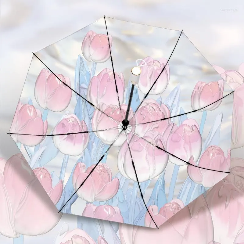 Regenschirme, automatischer Regenschirm, elegant, dreifach faltbar, Tulpe, sonniger und regnerischer Sommer, Sonnenschutz, Regenausrüstung