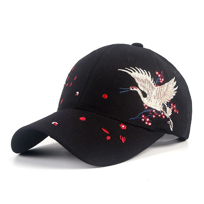 Ball Caps Baseball Women Hat 2023 Zomer Vintage Bird Crane Embroidery Animal Flora Print Hip Hip Black Women's 230525