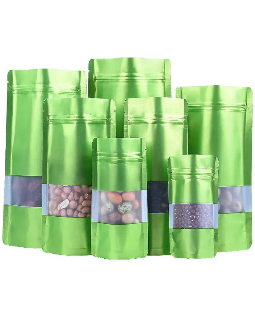 9サイズの緑のスタンドアップアルミホイルバッグクリアウィンドウプラスチックポーチジッパー再溶存食品保管パッケージバッグLX26939065976