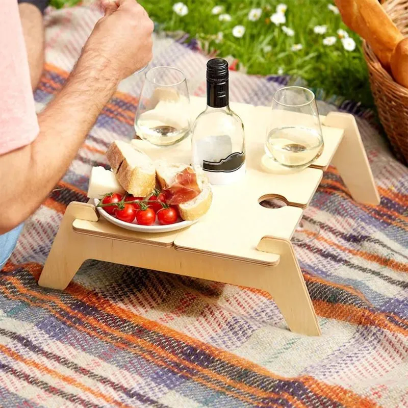 Camp Furniture Portable Wine Picnic Table Outgoing Wooden Snack & Cheese Tray For Indoor Outdoor Afternoon Tea-time Leisure Camping