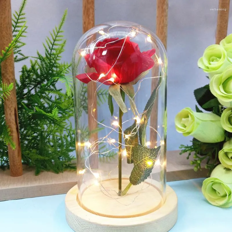 Flores decorativas Artificial Touch Real Rose Tampa de vidro Lâmpada de lâmpada dourada Flora eterna Festa de Natal Festa do Dia dos Namorados Presente do Dia dos Namorados