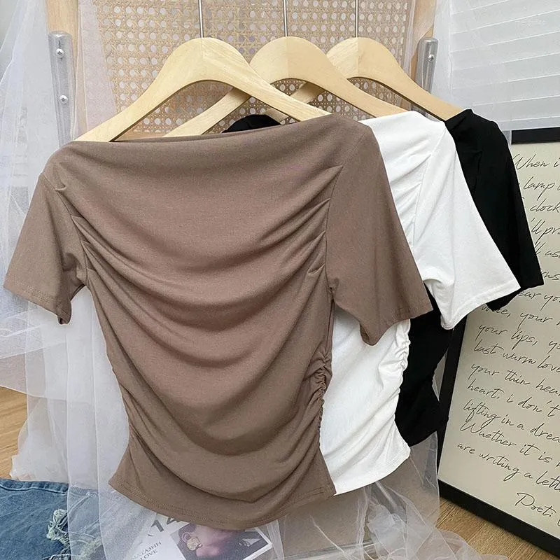 T-shirt da donna T-shirt a maniche corte con scollo arricciato coreano per ragazze T-shirt con spalle scoperte T-shirt da donna attillate estive Drop