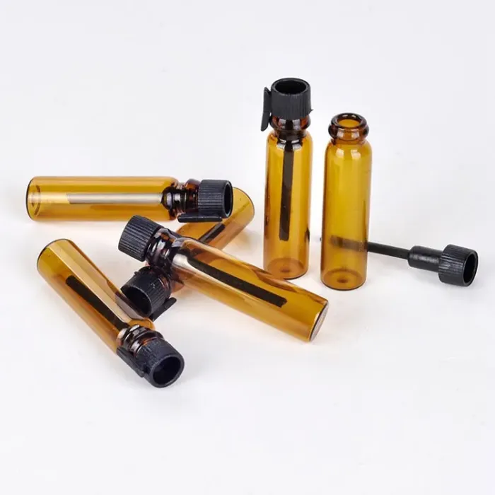 Best Price 1ml Amber Glass Essential Oil Bottles With Black Cap 1CC Mini Brown Glass Bottle Sample Test Refillable Bottles 