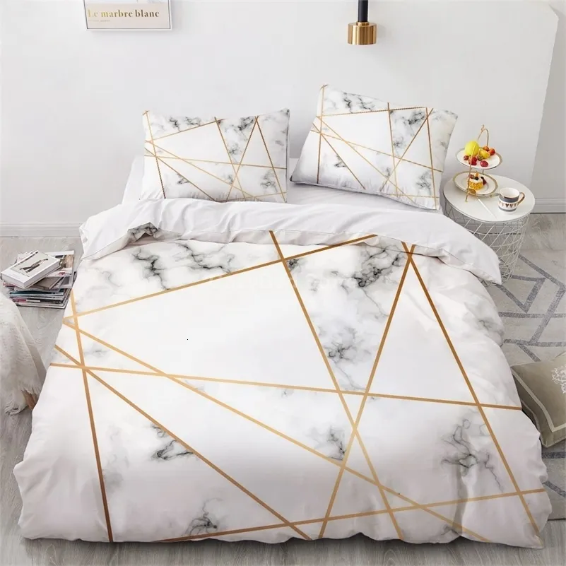 S Bedmol de mármore branco Bedding Modern 3D Conjunto de edredão confortável linho de cama dupla grande moda de luxo 230524