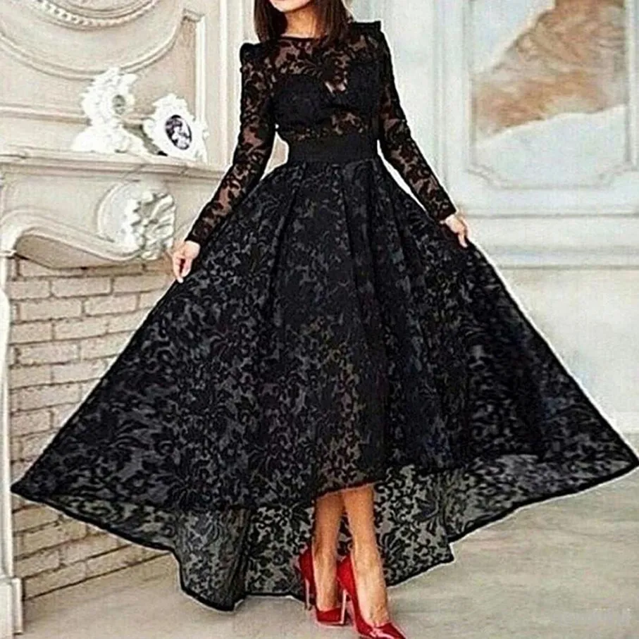 Black Muslim Evening Dresses 2023 A-line Long Sleeves Tea Length Lace Lslamic Dubai Saudi Arabic Long Elegant Evening Gown