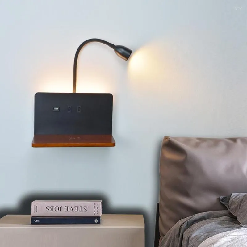 Vägglampa Modern LED med trådlös laddning och USB -gränssnitt 360 ° Roterbar belysning för sovrummet Bedside Reading Night Lights