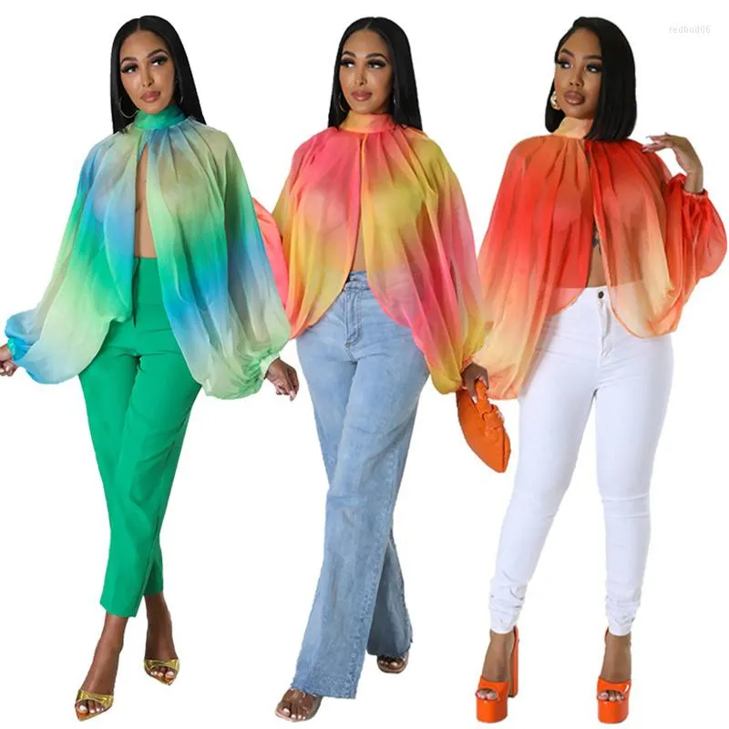 Women's Blouses Ladies Street Prachtige vrijetijdsopleiding Zomer Sunscreen Shirt Tie-Dye Design Sense Lantern Sleeve Bandage O-Neck Cardigan